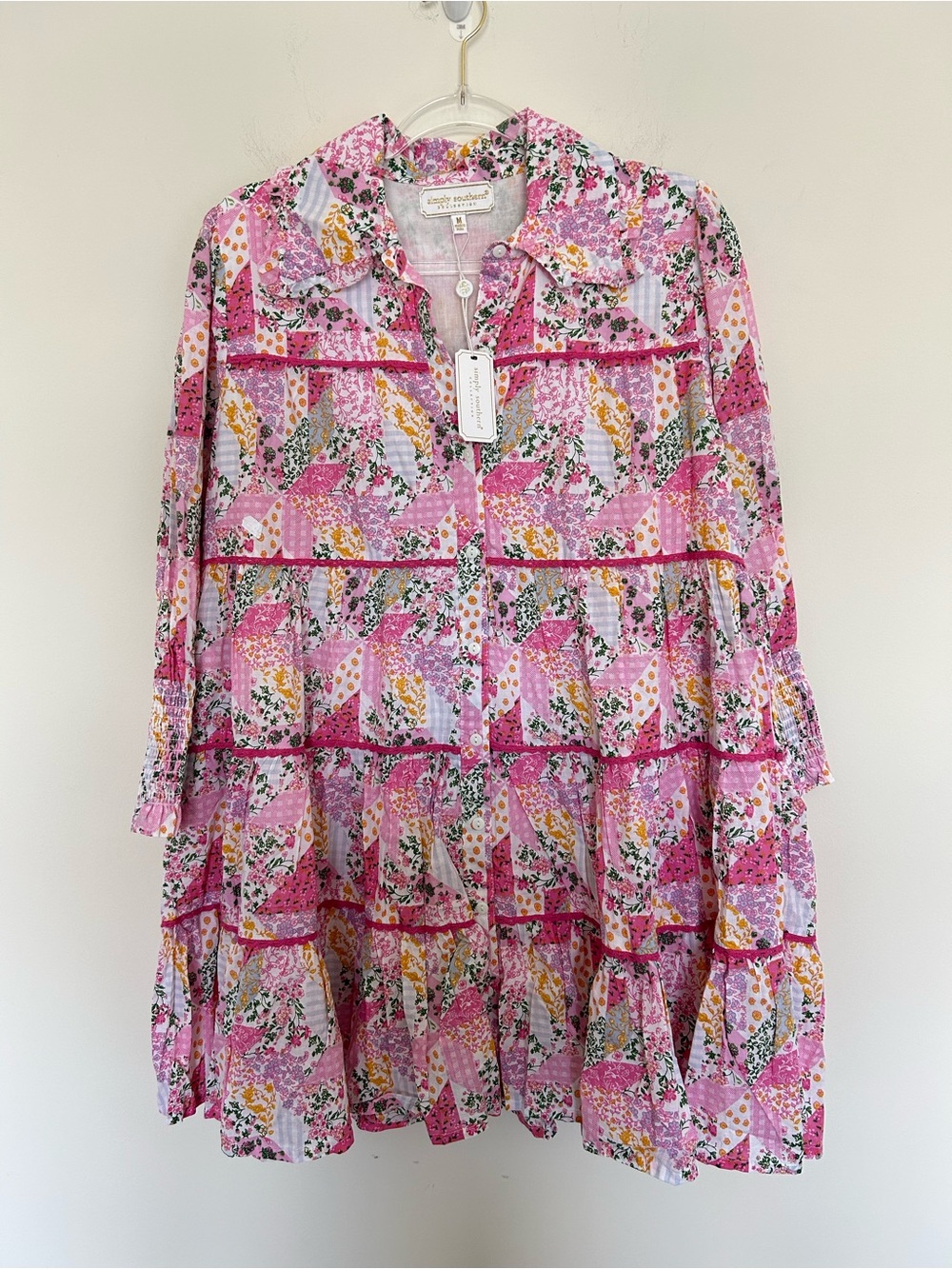 Simply Southern Allison Mini Dress Pink Medium Patchwork Tiered Cotton NWT‎